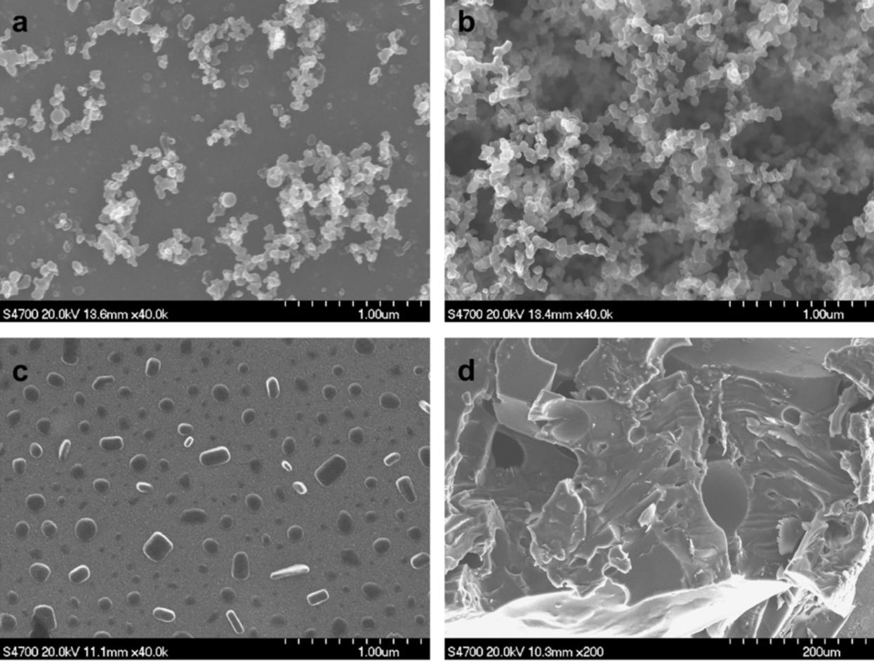 Microstructure of char residue from graft-treated (b-d) and untreated (a) PET fabrics